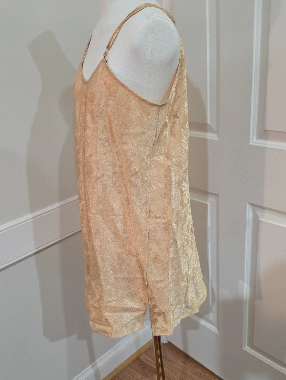 Vintage Valerie Stevens Gold Floral Jacquard Slip Dress Nightgown Chemise-Size L